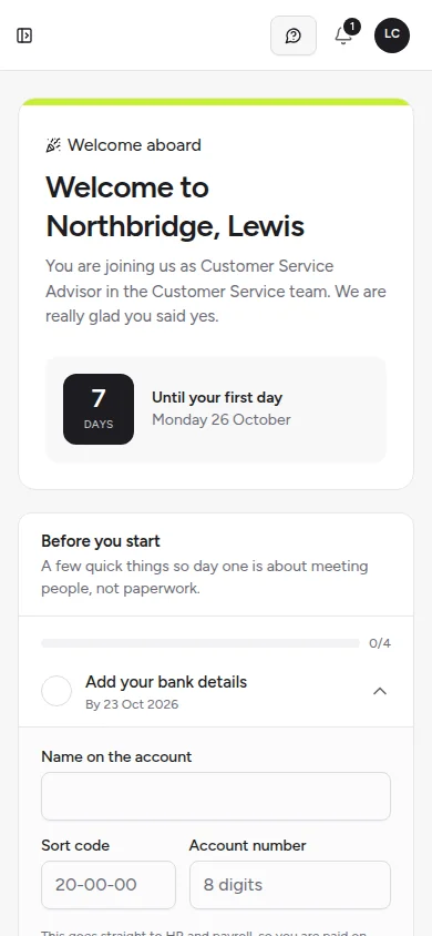 The new starter welcome portal on a phone: a welcome message, seven days until the first day and a checklist starting with adding bank details
