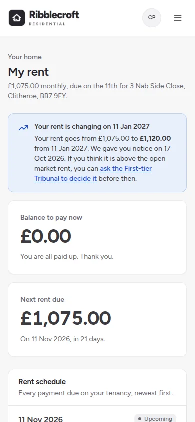 The tenant portal on a phone, showing the rent rising from 1,075 to 1,120 pounds on 11 January 2027 with a link to the First-tier Tribunal, a zero balance and the next rent due