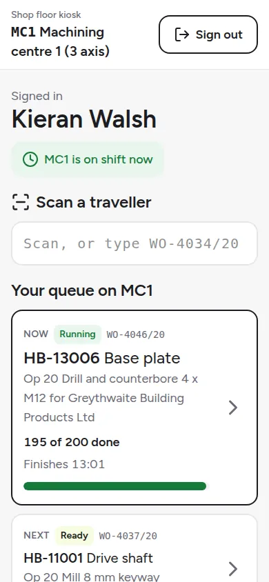 The shop floor kiosk on a small screen: the machinist signed in on machining centre 1, a box to scan a traveller and a queue starting with the running job, 195 of 200 base plates done