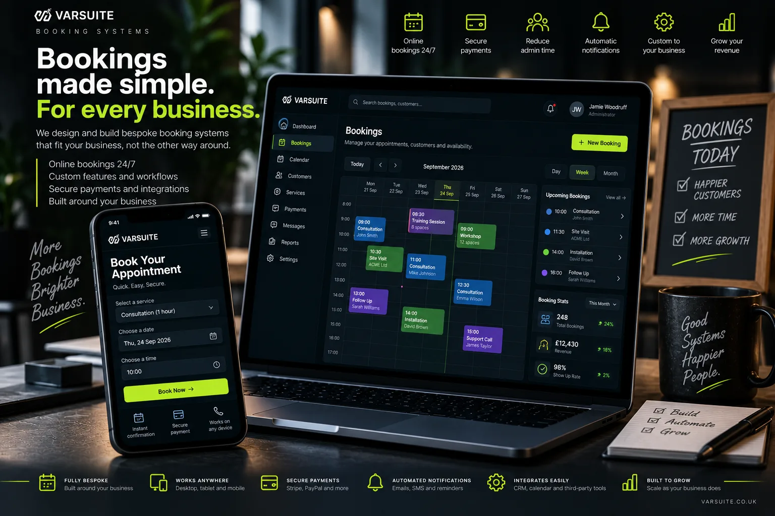 Varsuite concept design for a bespoke booking system on laptop and phone: a weekly bookings calendar with upcoming appointments and booking stats, and a mobile screen to choose a service, date and time