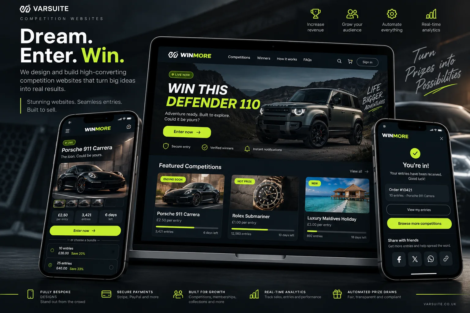 Varsuite concept design for a prize competition website on laptop and phones: a featured prize with an enter button, a grid of live competitions with entry progress, ticket bundles and an entry confirmation screen