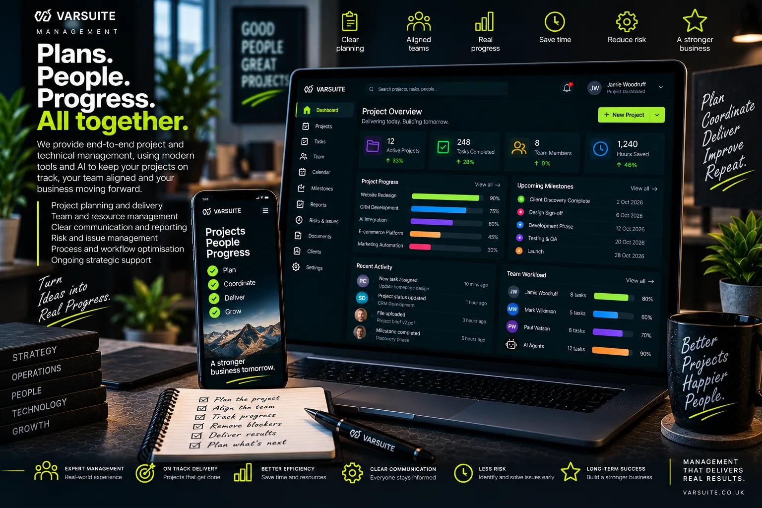 Varsuite concept design for project and technical management: a project overview with active projects, tasks completed and hours saved, progress bars per project, upcoming milestones, recent activity and team workload shared with AI agents