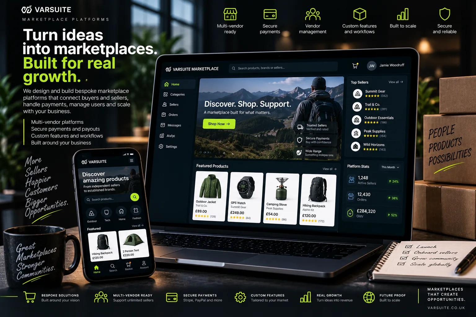Varsuite concept design for a multi-vendor outdoor gear marketplace on laptop and phone: featured products from independent sellers, a top sellers list with ratings and platform stats for sellers, orders and sales