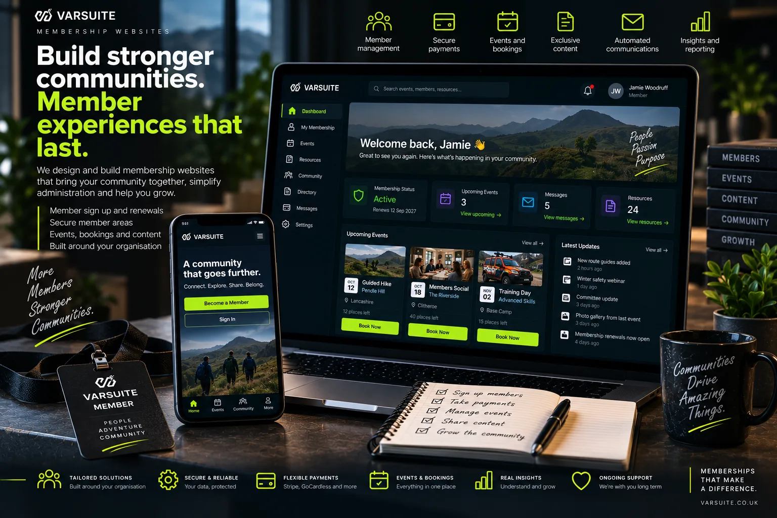 Varsuite concept design for a membership website on laptop and phone: a member dashboard with membership status, bookable events such as a guided hike on Pendle Hill, messages, resources and latest updates, and a mobile join screen