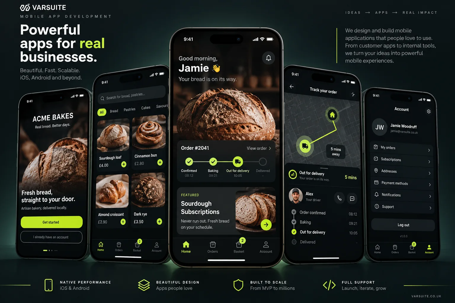 Varsuite concept design for a bakery ordering app, shown on five phone screens: welcome, product catalogue, order progress, live delivery tracking and account settings