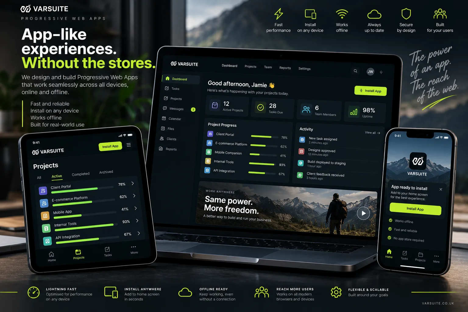 Varsuite concept design for a progressive web app on laptop, tablet and phone: a project dashboard with progress and activity, a tablet project list and an install to home screen prompt