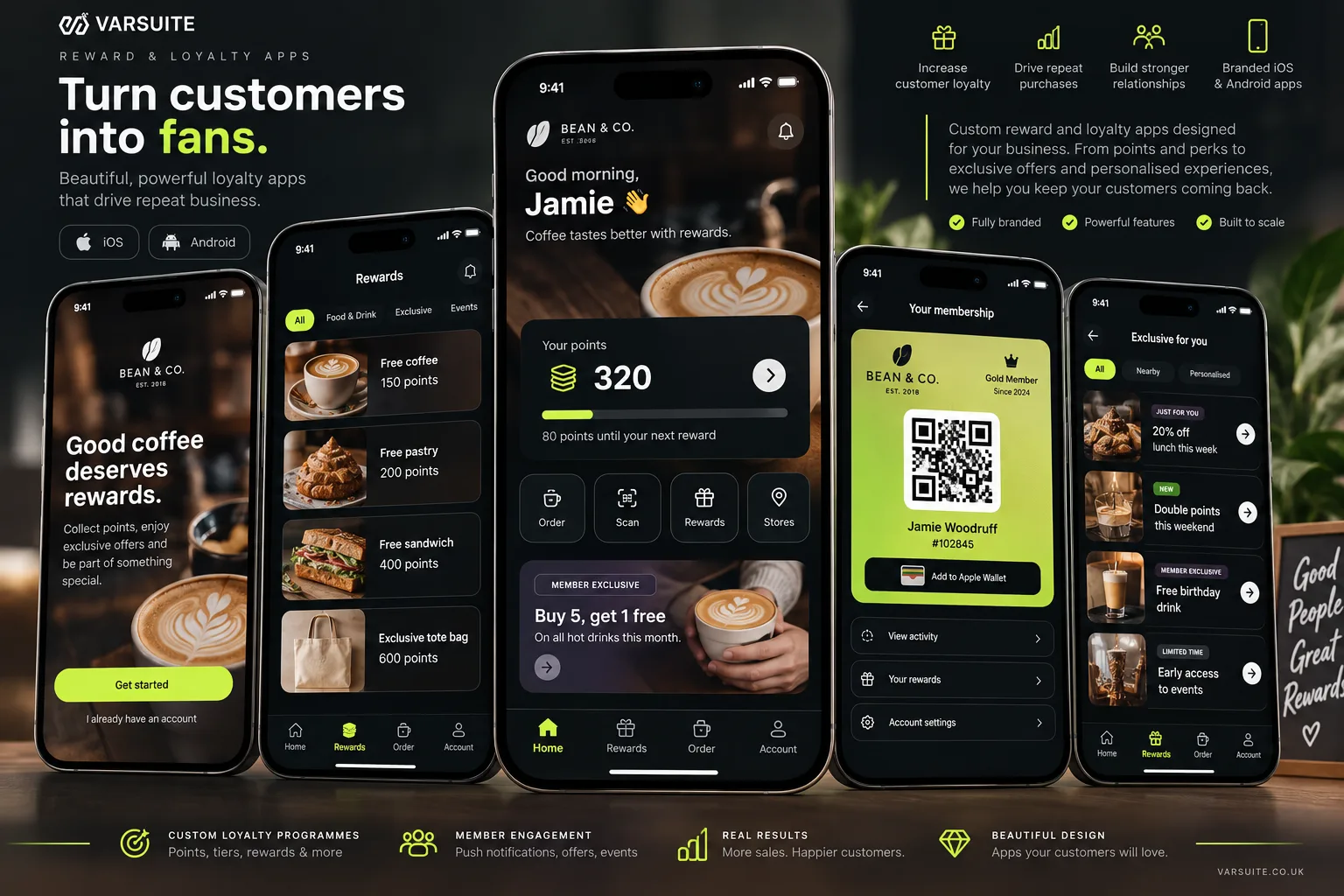 Varsuite concept design for a coffee shop loyalty app, shown on five phone screens: welcome, rewards catalogue, points balance, a membership card with QR code for Apple Wallet and member offers