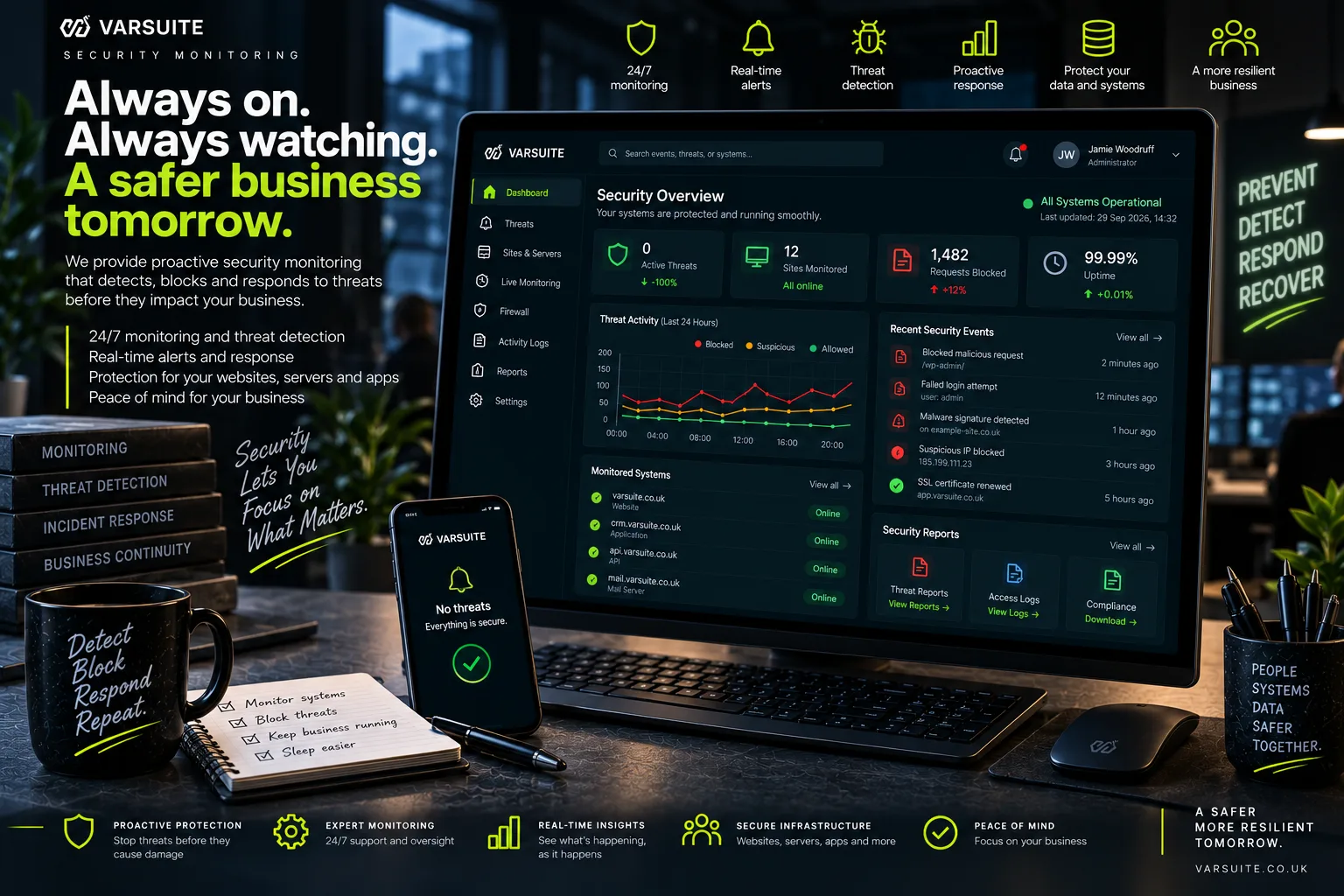 Varsuite concept design for security monitoring: a live security overview with active threats, sites monitored, blocked requests and uptime, a 24 hour threat activity chart, recent security events and monitored systems all online
