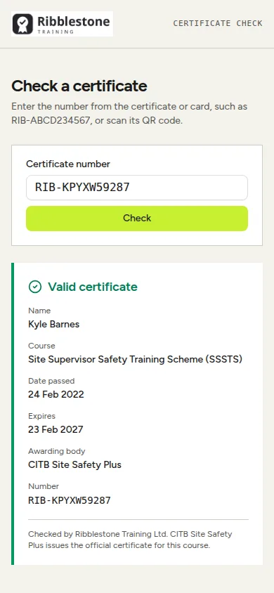 The public certificate check on a phone, showing a valid SSSTS certificate with the holder's name, the course, the dates, the awarding body and the certificate number only