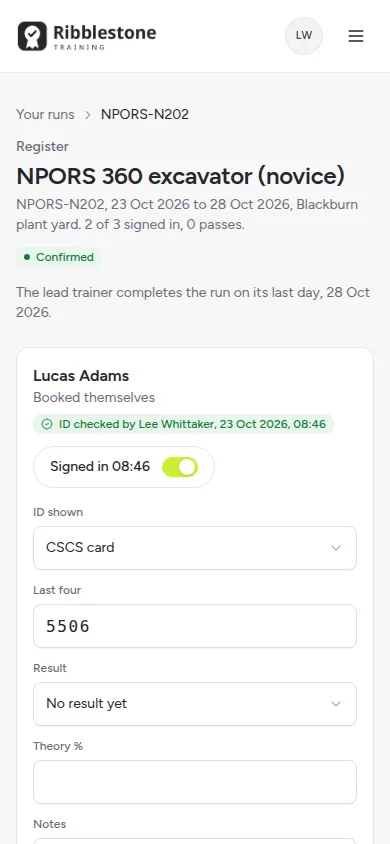 A trainer's register on a phone for a 360 excavator course, with two of three delegates signed in, the first showing the time the trainer checked their CSCS card, its last four characters and a result still to record