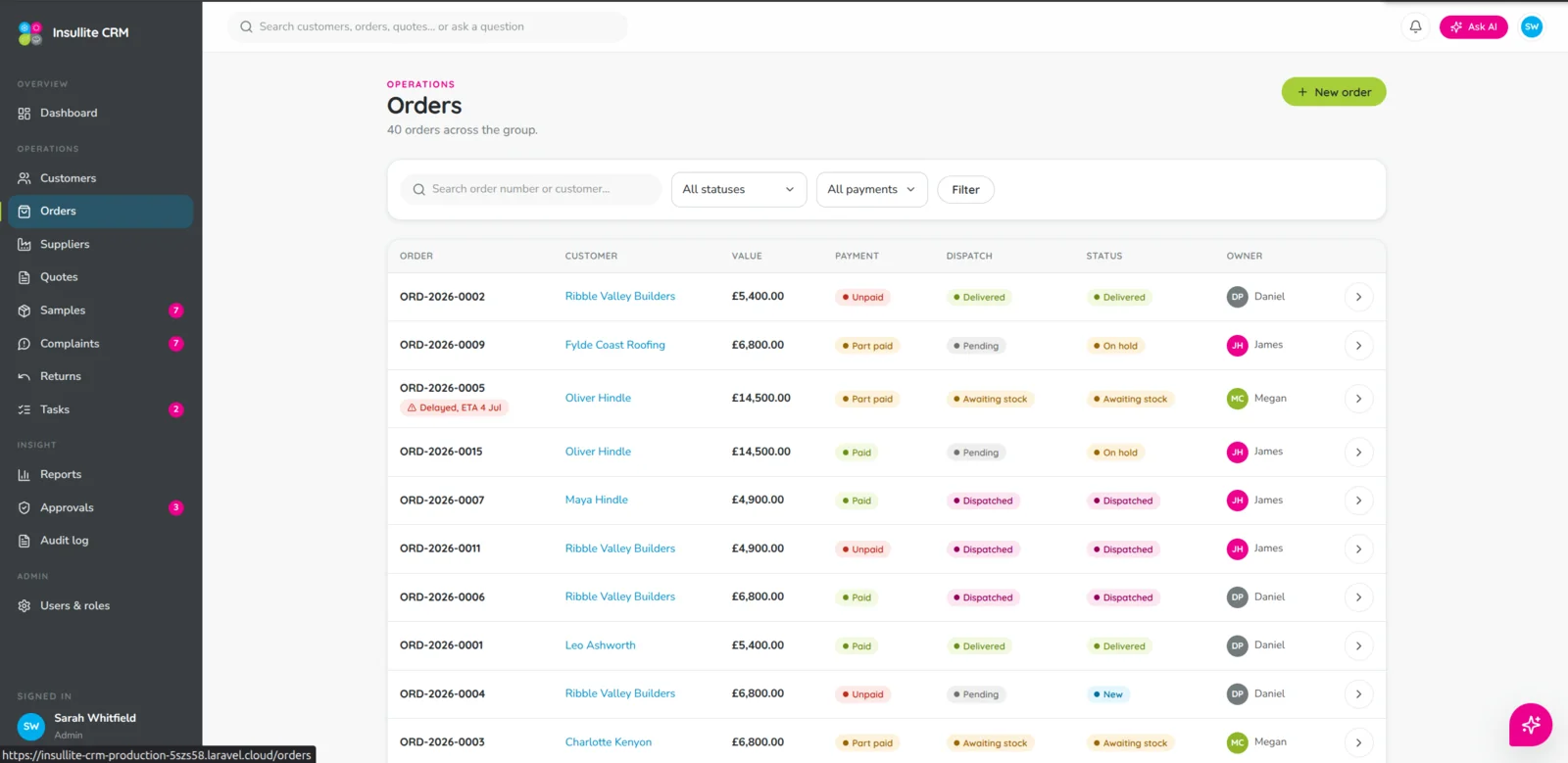 Orders tracked from payment through to delivery