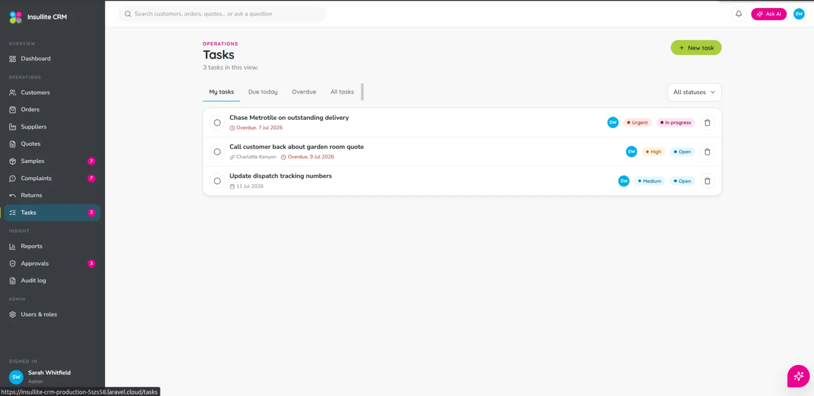 Tasks linked to any customer, order or quote